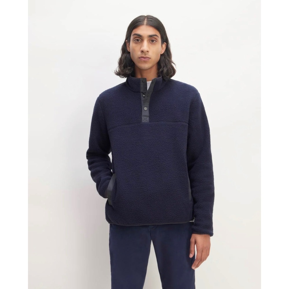 Everlane ReNew Fleece Pullover Mens Medium Navy Blue Excellent Snap Neck Sherpa
